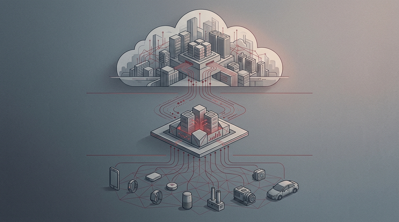 Illustration of phones and sensors connected to nearby edge servers and the cloud